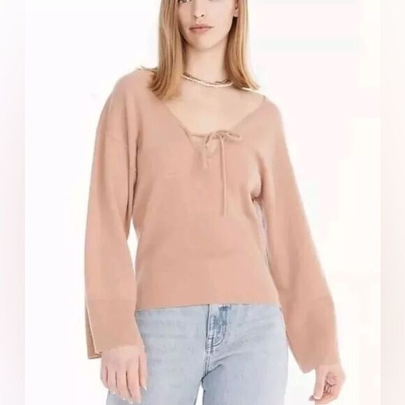 J. Crew Cashmere ribbed crewneck sweater (Sz XL) Muted Pink Bell Sleeve V-Neck - Picture 1 of 13